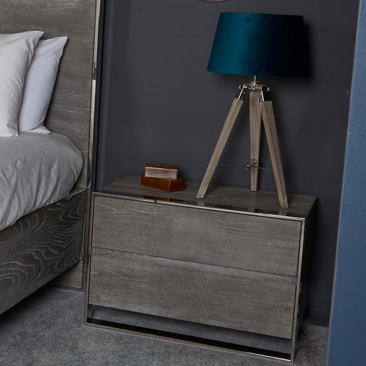 Diego 2 Drawer Bedside Cabinet Grey Elm & Stainless Steel
