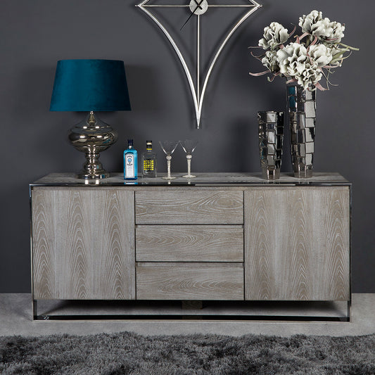 Diego 3 Drawer 2 Dr Sideboard Grey Elm & Stainless Steel