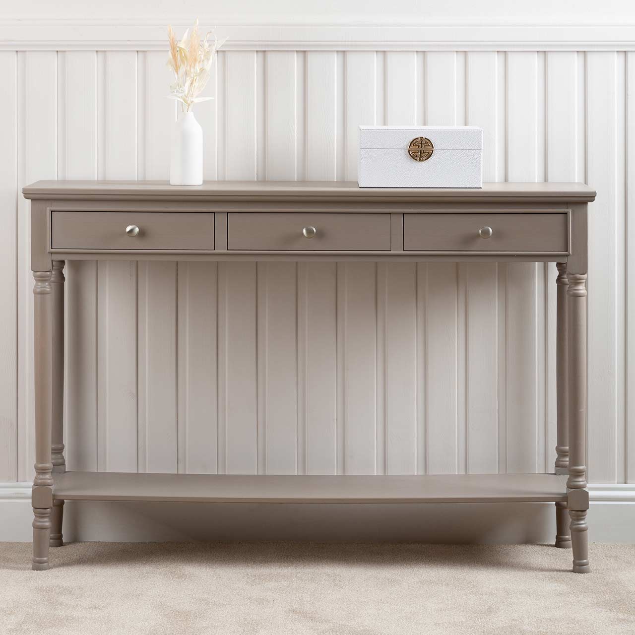 Delta Large 3 Drawer Console Table Taupe - Ball Handle