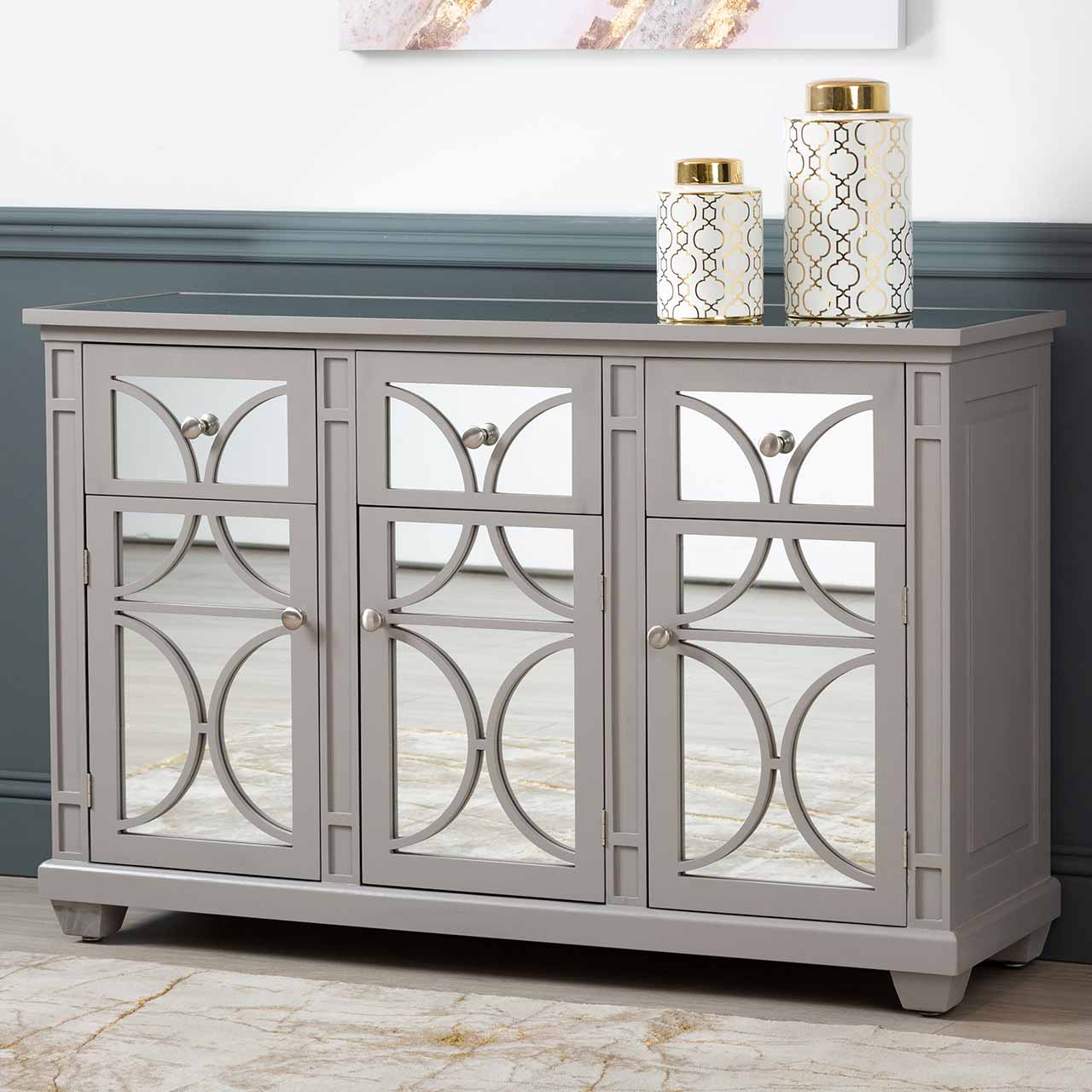 Torino 3 Drawer 3 Door Sideboard Grey Mirror Top with Round Satin Handle