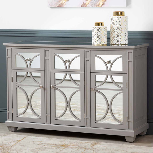 Torino 3 Drawer 3 Door Sideboard Grey Mirror Top with Round Satin Handle