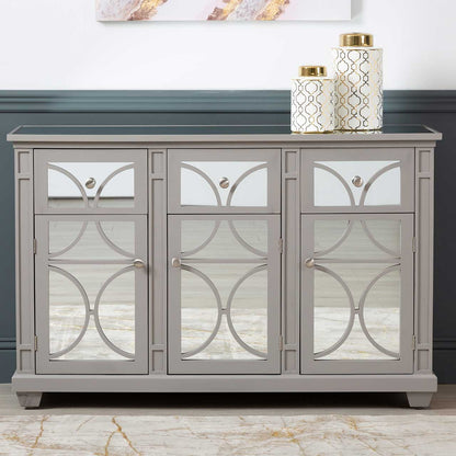 Torino 3 Drawer 3 Door Sideboard Grey Mirror Top with Round Satin Handle