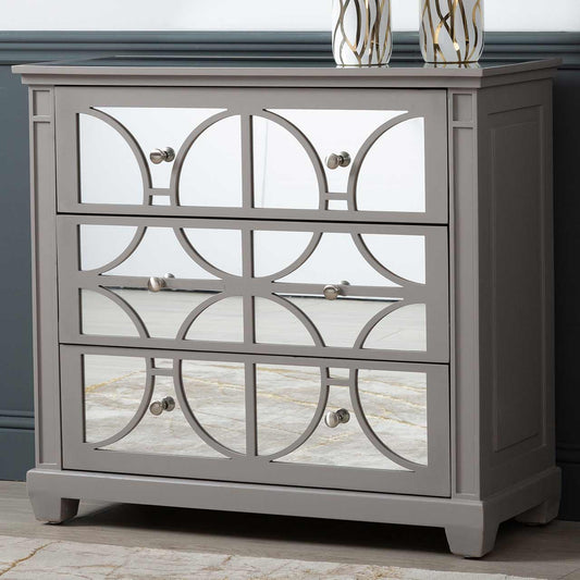 Torino 3 Drawer Chest Grey Mirror Top with Round Satin Handle