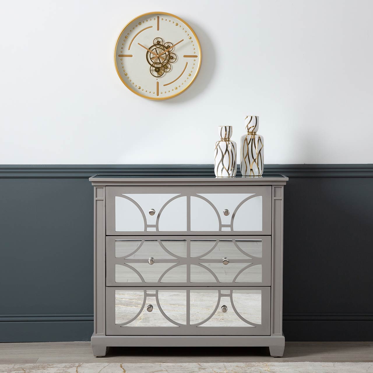 Torino 3 Drawer Chest Grey Mirror Top with Round Satin Handle