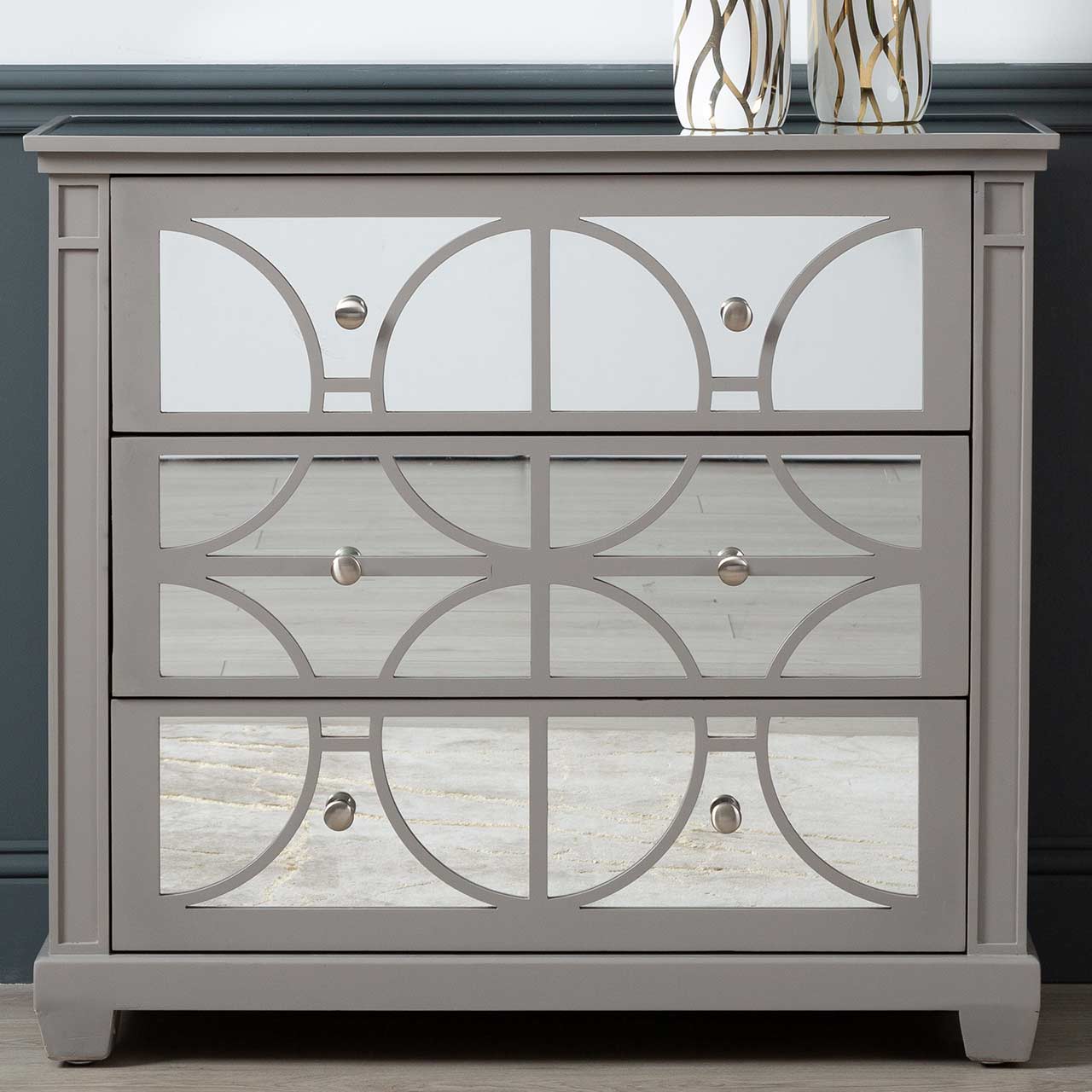 Torino 3 Drawer Chest Grey Mirror Top with Round Satin Handle