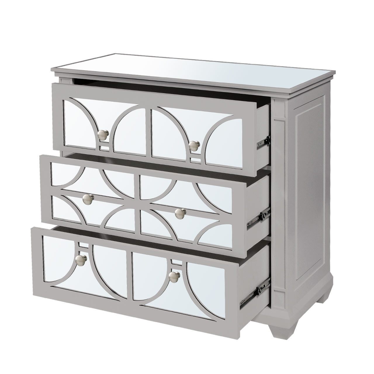 Torino 3 Drawer Chest Grey Mirror Top with Round Satin Handle