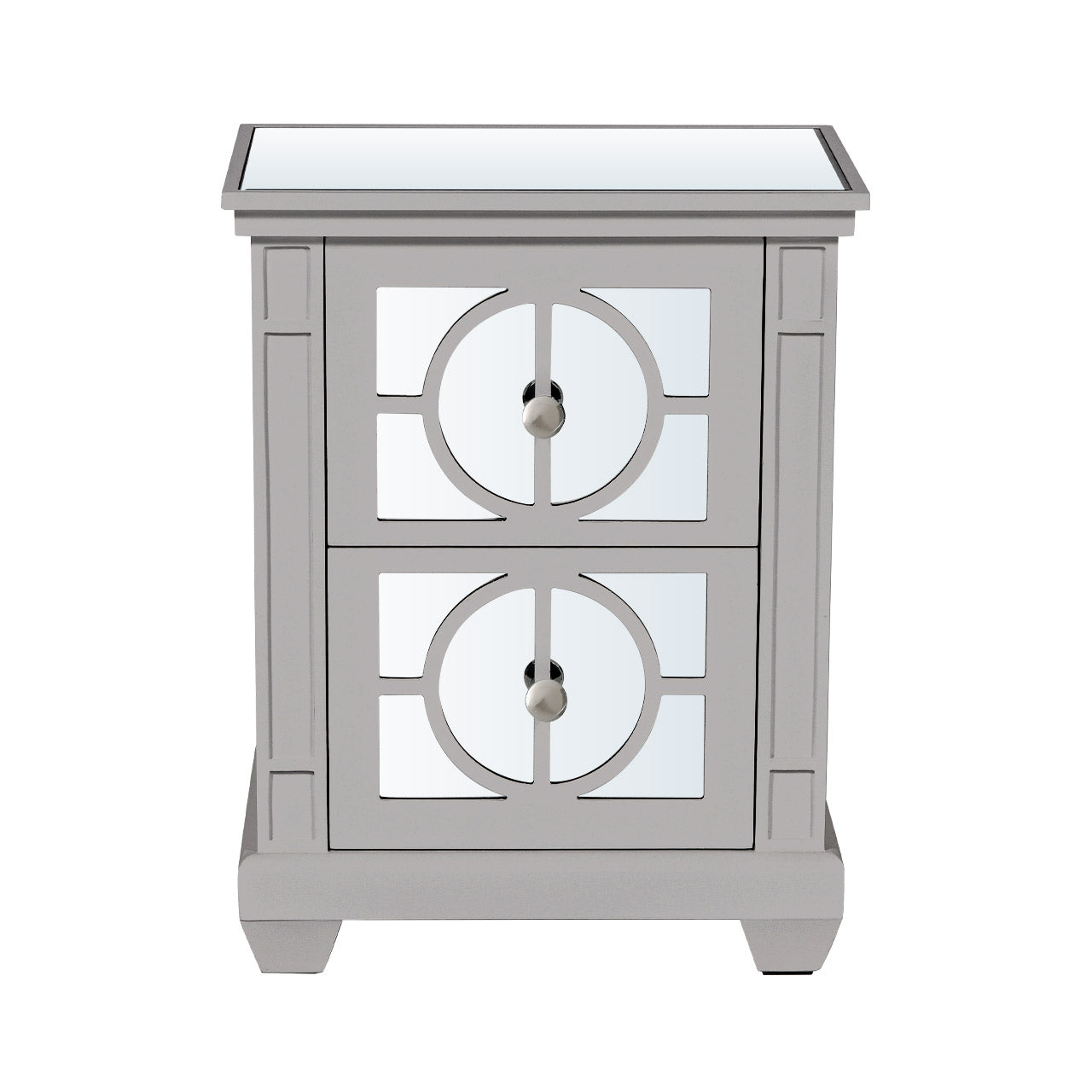 Torino 2 Drawer Bedside Cabinet Grey Mirror Top with Round Satin Handle