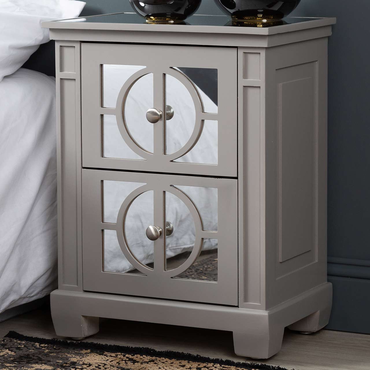 Torino 2 Drawer Bedside Cabinet Grey Mirror Top with Round Satin Handle