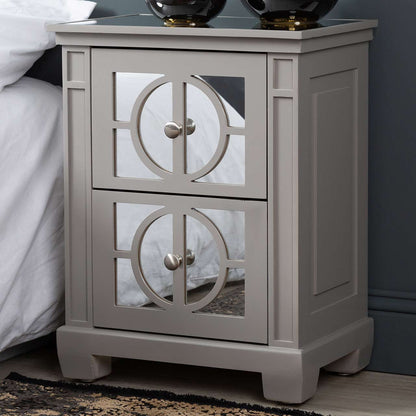 Torino 2 Drawer Bedside Cabinet Grey Mirror Top with Round Satin Handle