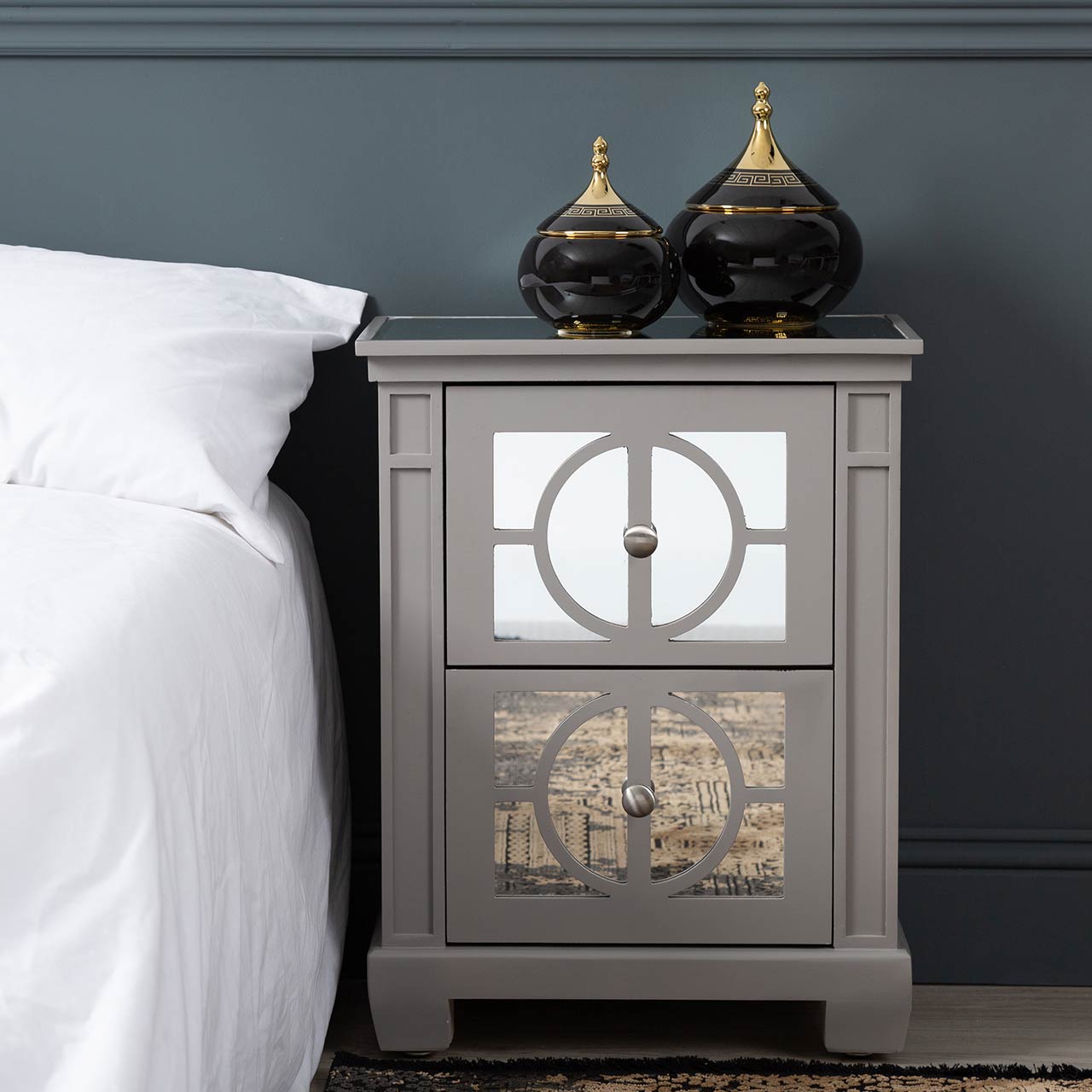 Torino 2 Drawer Bedside Cabinet Grey Mirror Top with Round Satin Handle