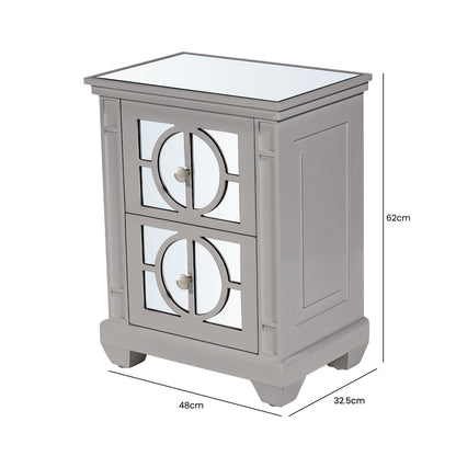 Torino 2 Drawer Bedside Cabinet Grey Mirror Top with Round Satin Handle