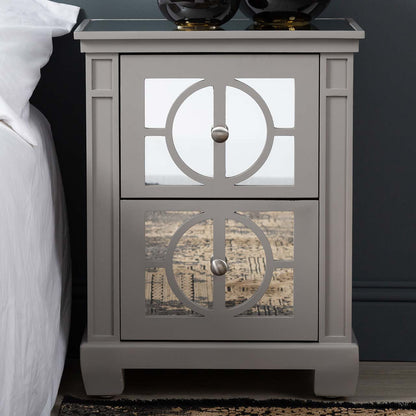 Torino 2 Drawer Bedside Cabinet Grey Mirror Top with Round Satin Handle