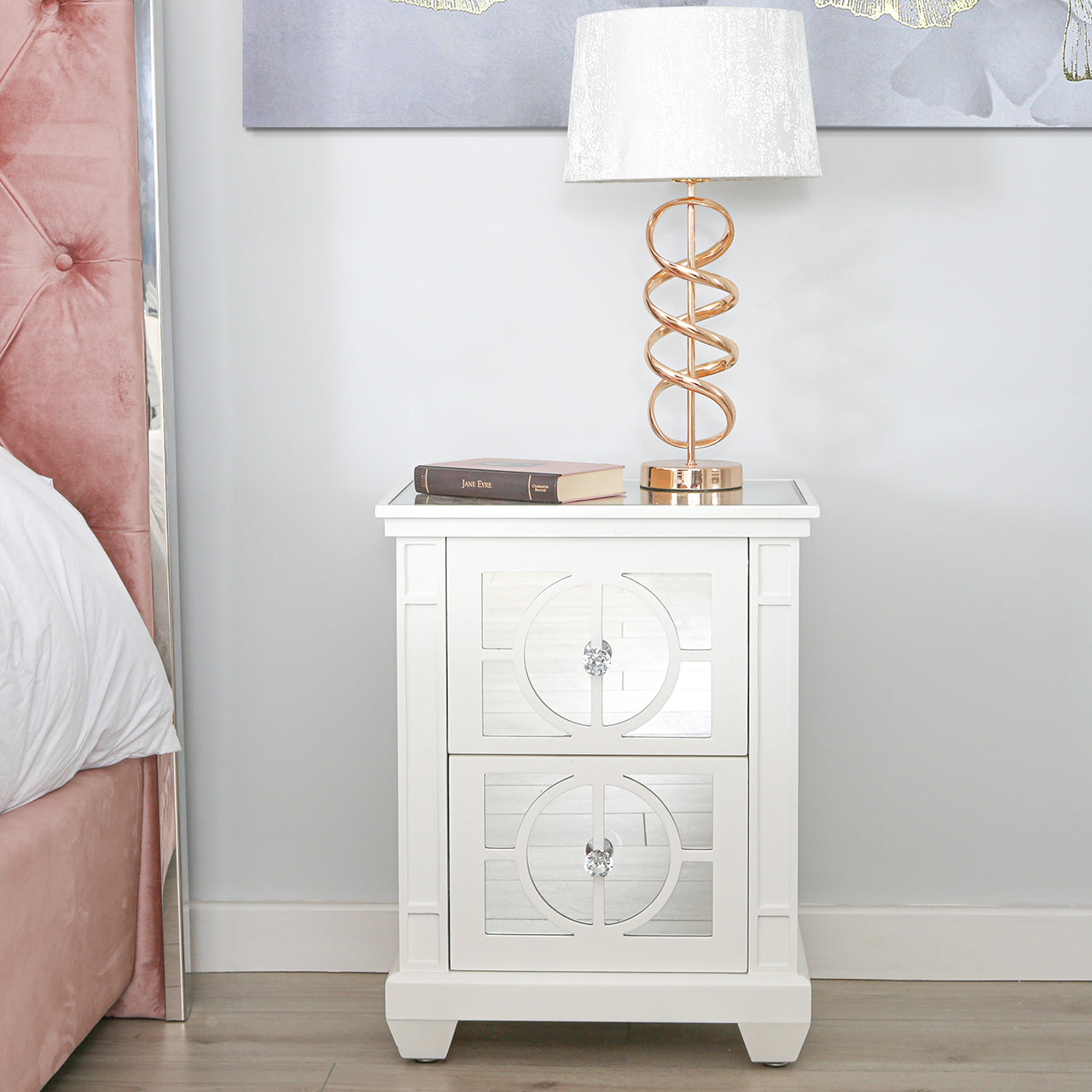 Torino 2 Drawer Bedside Cabinet White Mirror Top