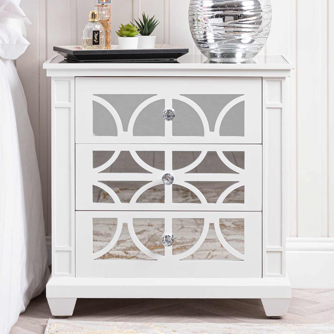 Torino 3 Drawer Wide Bedside Cabinet White Mirror Top