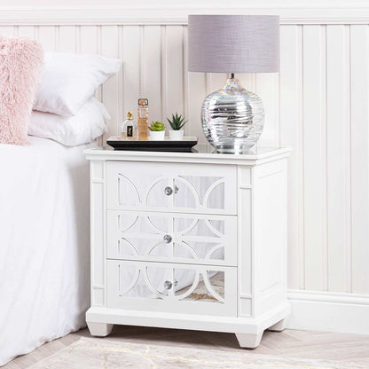 Torino 3 Drawer Wide Bedside Cabinet White Mirror Top