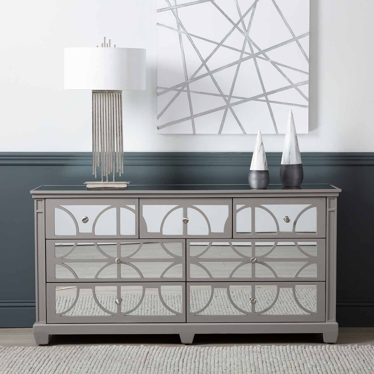 Torino 7 Drawer Chest Grey Mirror Top with Round Satin Handle