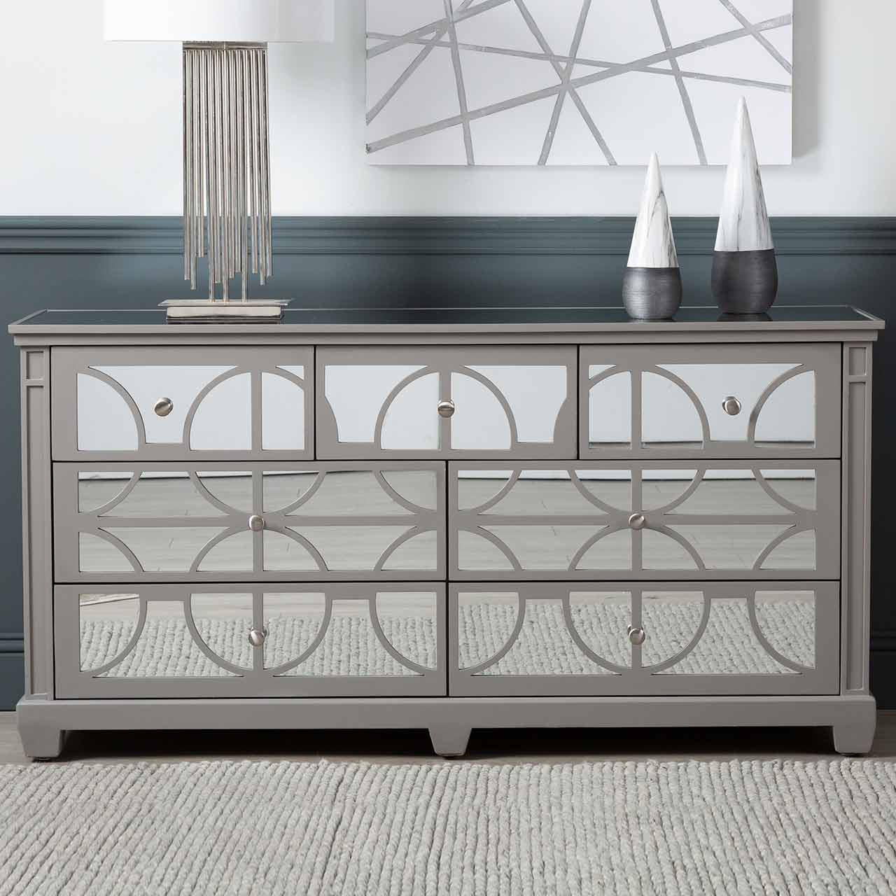 Torino 7 Drawer Chest Grey Mirror Top with Round Satin Handle