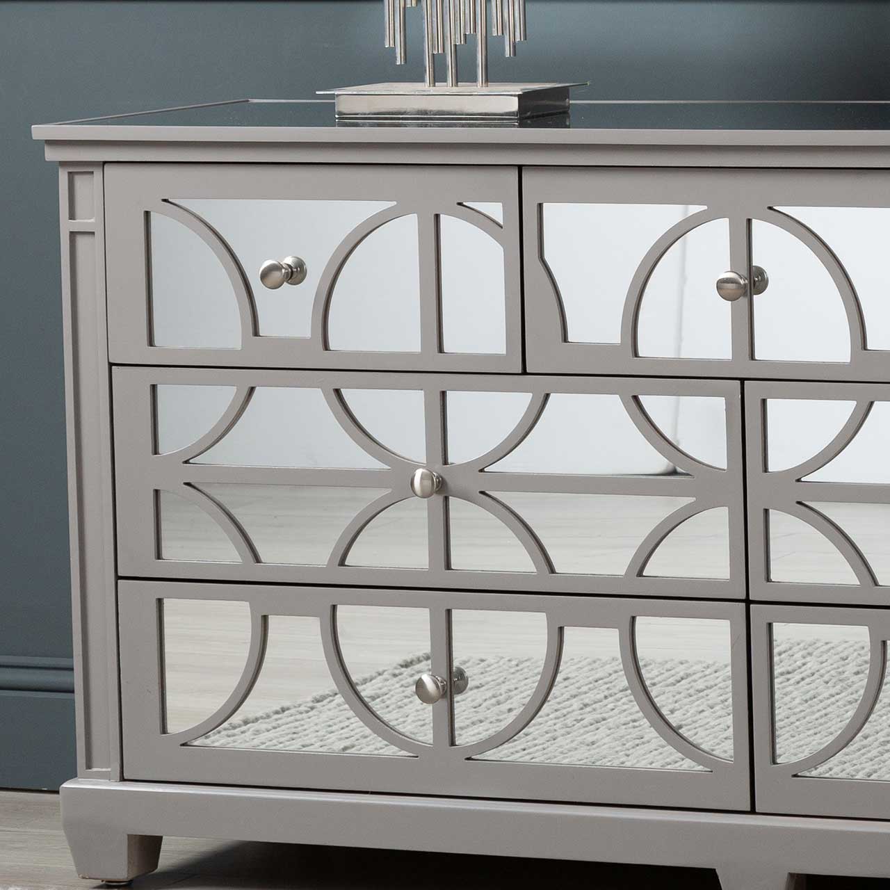 Torino 7 Drawer Chest Grey Mirror Top with Round Satin Handle