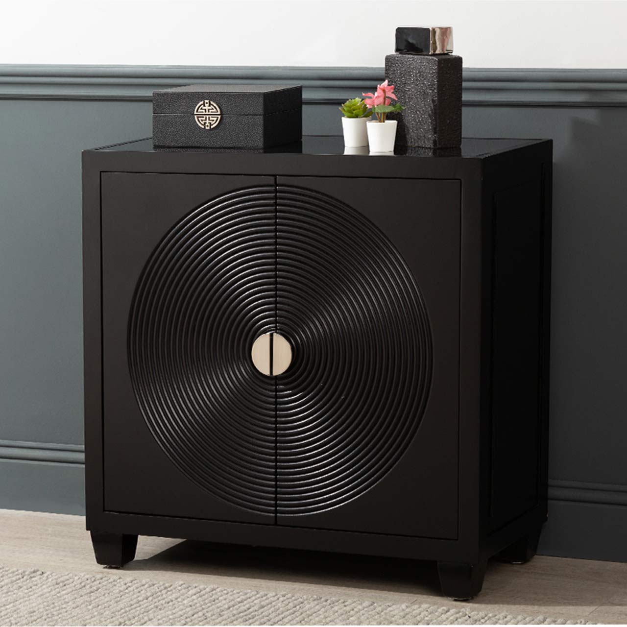 Elon 2 Door Cabinet Black With Mirror Top Includes 2 sets of Handle in Silver and Gold