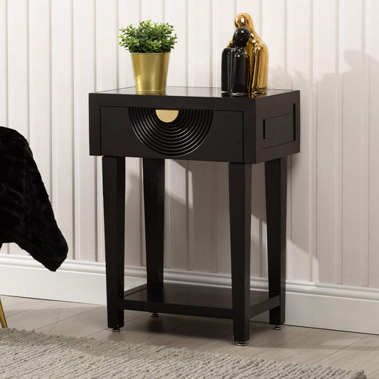 Elon 1 Drawer Telephone Table Black with Mirror Top-KD Legs- includes 2 Sets of Handles in SV & GD