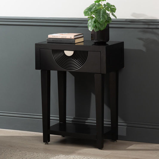 Elon 1 Drawer Telephone Table Black with Mirror Top-KD Legs- includes 2 Sets of Handles in SV & GD