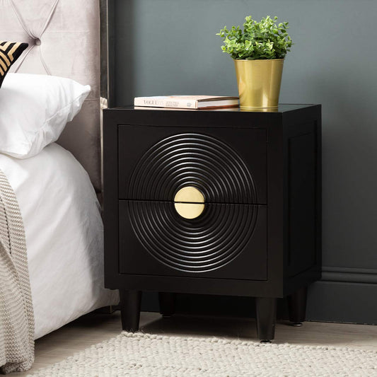 Elon 2 Drawer Bedside Cabinet Black with SM Mirror Top-KD Legs- includes 2 Sets of Handles in SV & GD