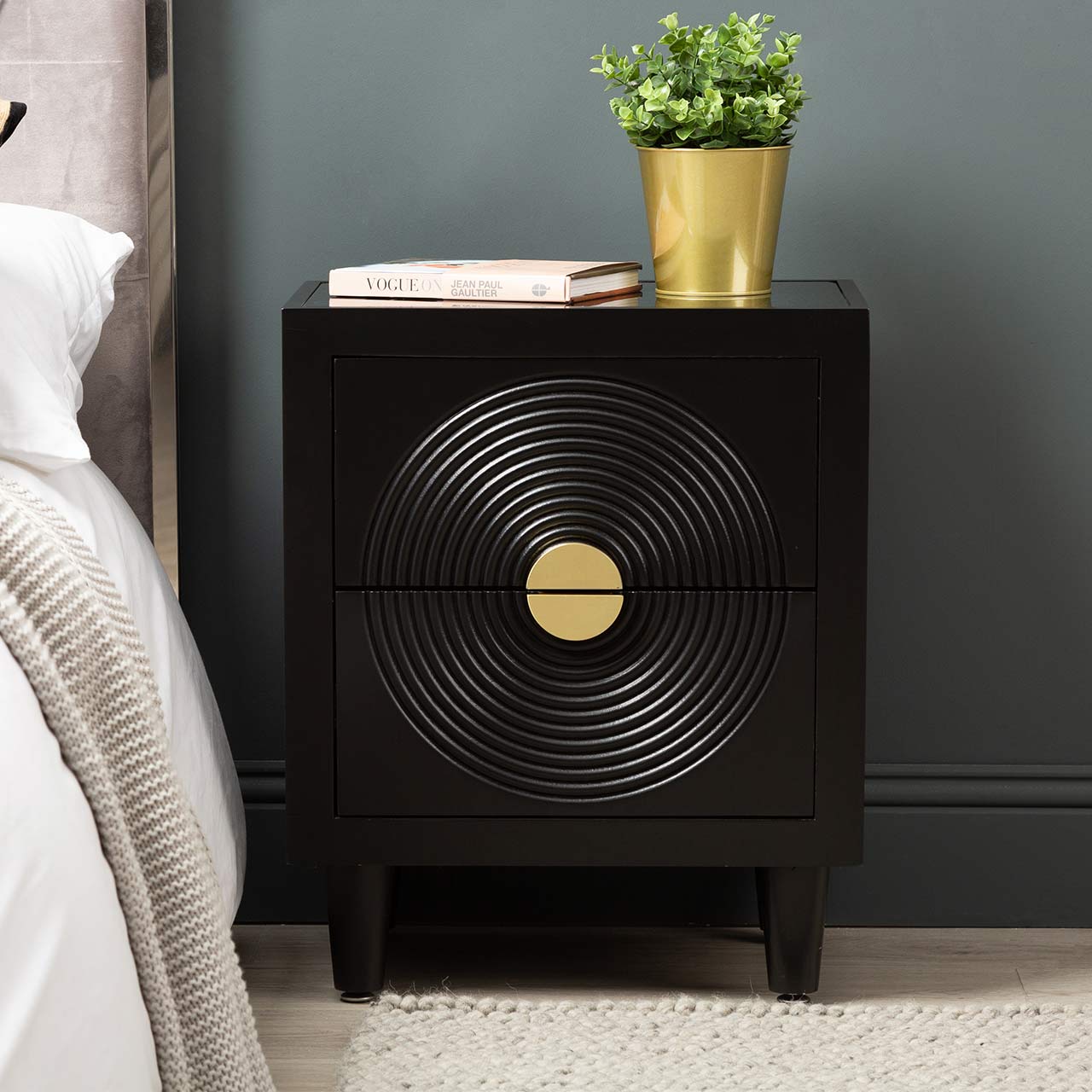 Elon 2 Drawer Bedside Cabinet Black with Mirror Top-KD Legs- includes 2 Sets of Handles in SV & GD