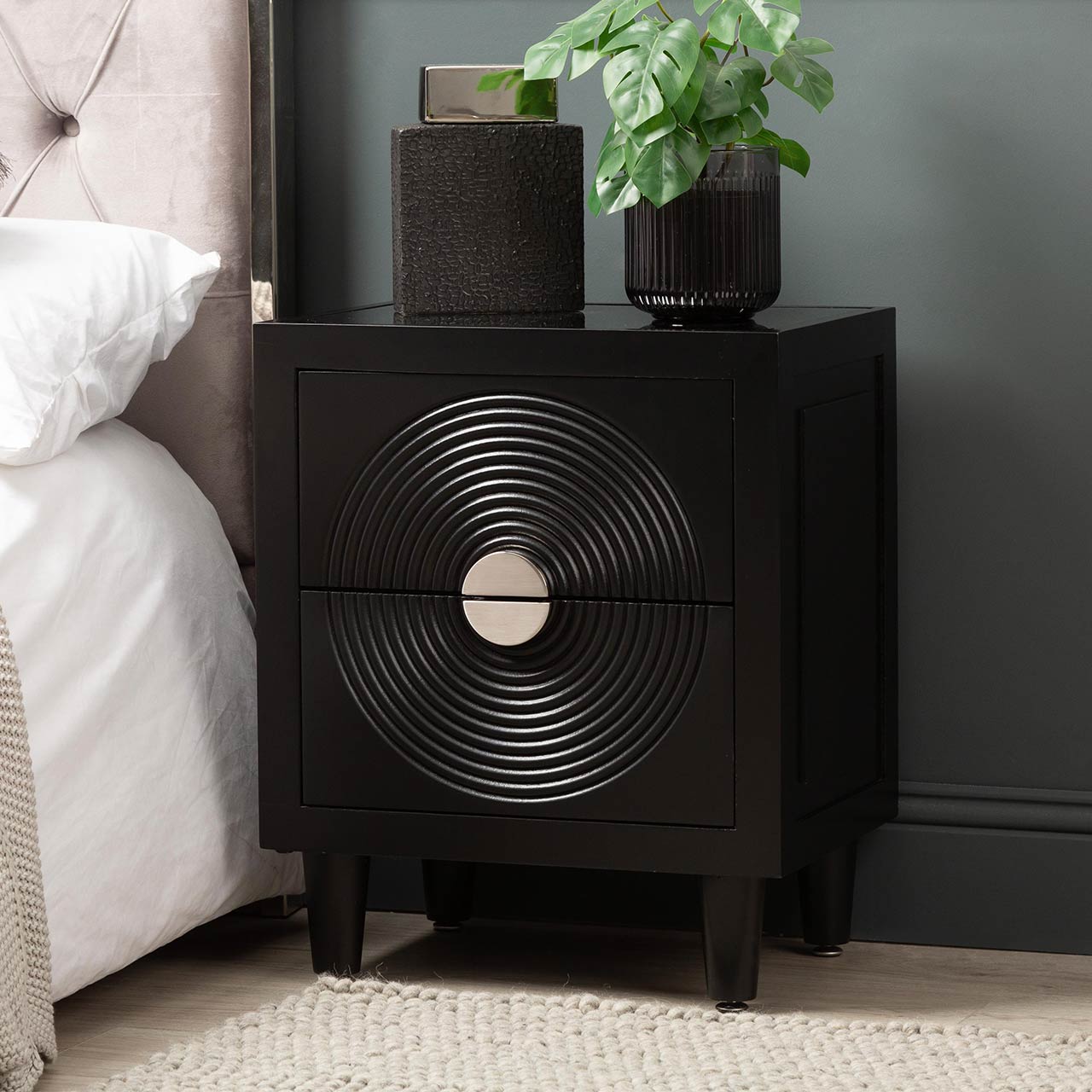 Elon 2 Drawer Bedside Cabinet Black with SM Mirror Top-KD Legs- includes 2 Sets of Handles in SV & GD