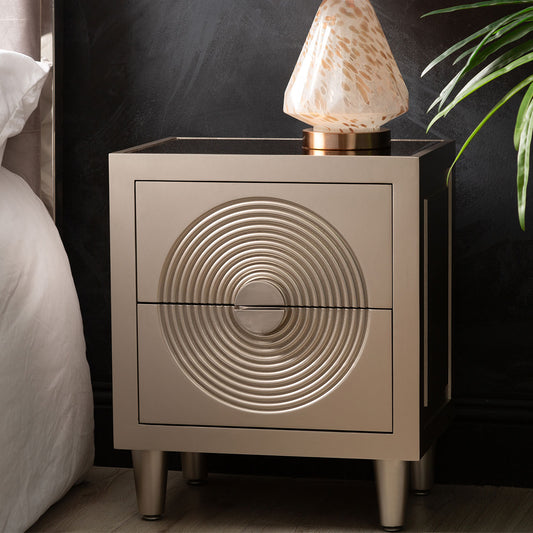 Elon 2 Drawer Bedside Cabinet Gold w/ Gold Mirror Top and Silver Handles - KD Legs