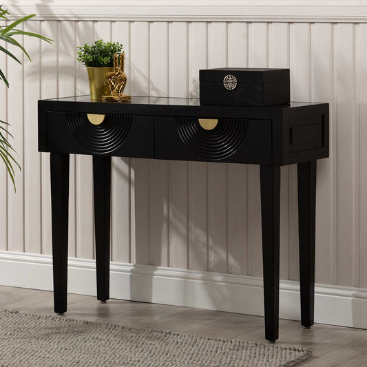 Elon 2 Drawer Console Table Black with SM Mirror Top-KD Legs- includes 2 Sets of Handles in SV & GD
