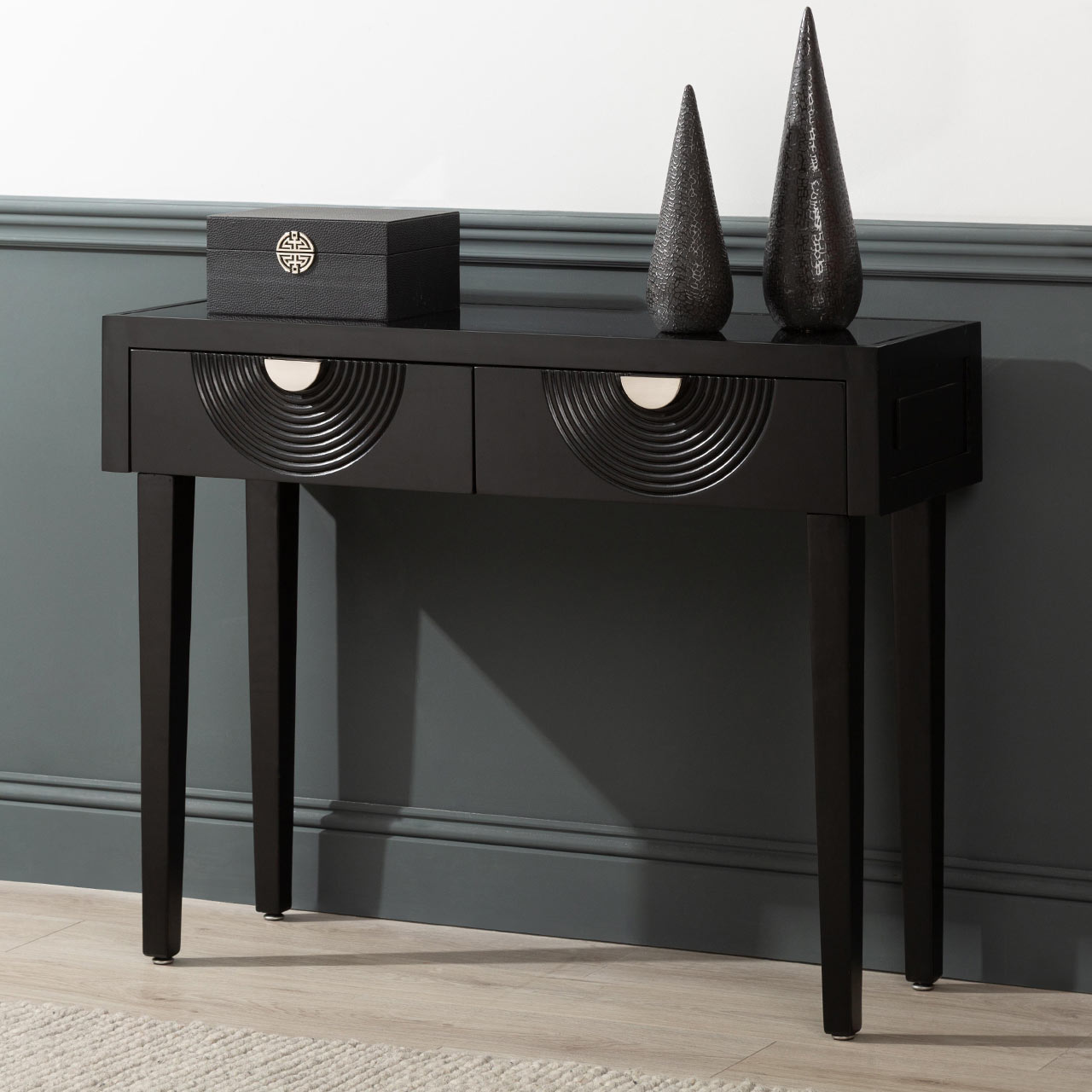 Elon 2 Drawer Console Table Black with Mirror Top-KD Legs- includes 2 Sets of Handles in SV & GD
