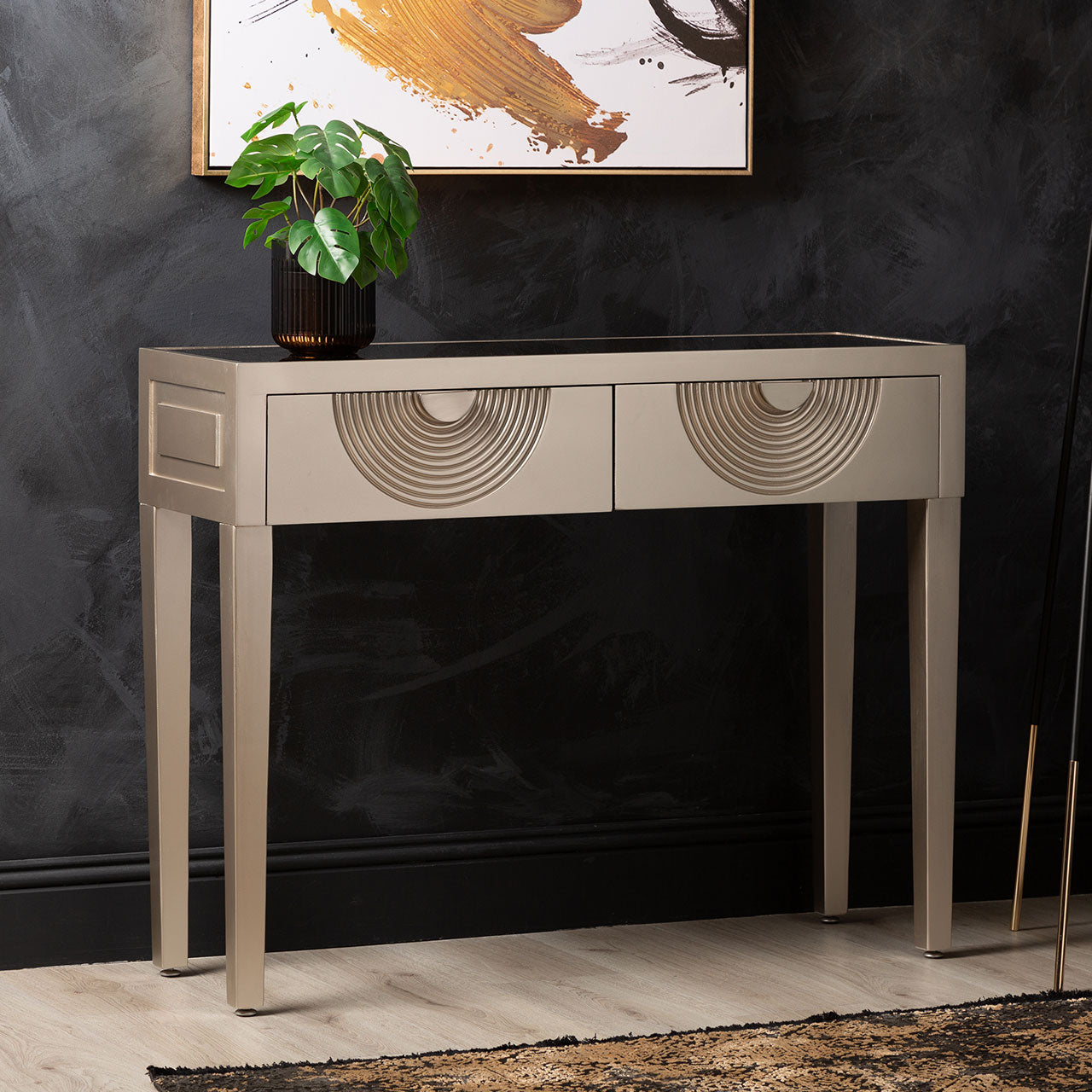Elon 2 Drawer Console Table Gold with Gold Mirror Top and Silver Handles - KD Legs