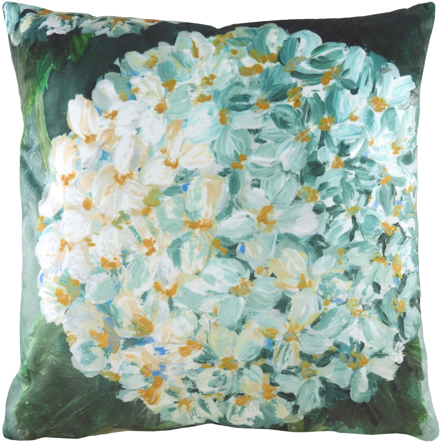 WINTER FLORALS HYDRANGEA 43X43 FEATHER FILLED CUSHION  EAU DE NIL