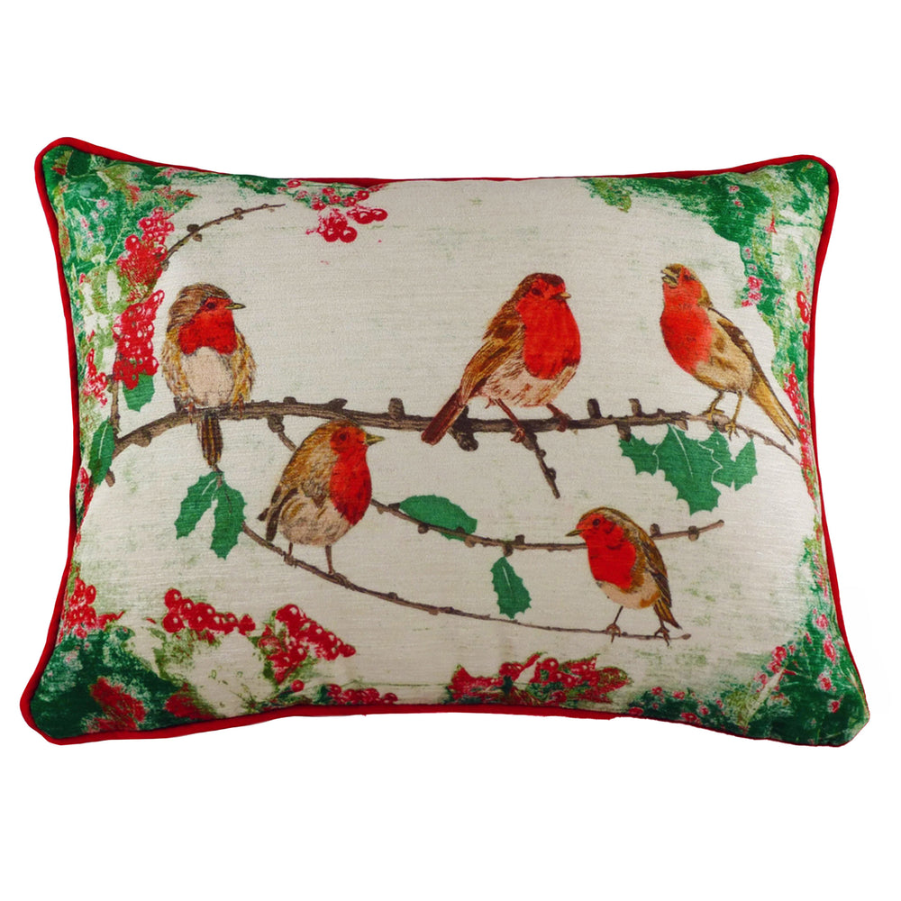 Xmas Robins Chenille 43x33 Feather Filled Cushion Multi