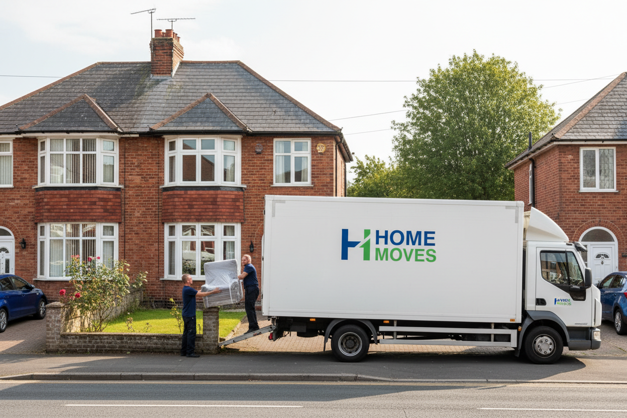 a large delivery furniture delivery van out side a normal british home