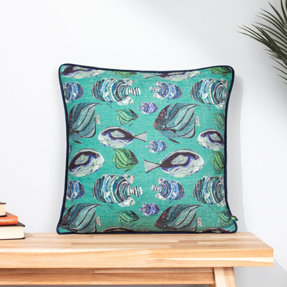 Abyss Fish Repeat 43x43 Feather Filled Cushion Teal - Canwell Interiors Limited - Riva