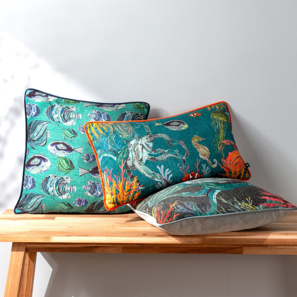 Abyss Fish Repeat 43x43 Feather Filled Cushion Teal - Canwell Interiors Limited - Riva