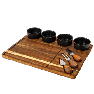 Acacia Cheese Board Set With Grey Ceramic Bowls and Cutlery - Canwell Interiors Limited - Hills