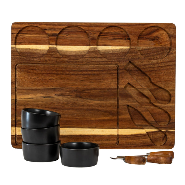 Acacia Cheese Board Set With Grey Ceramic Bowls and Cutlery - Canwell Interiors Limited - Hills
