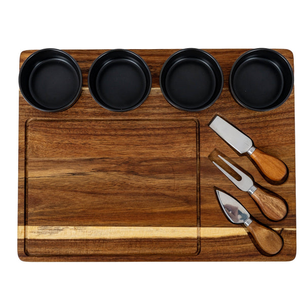 Acacia Cheese Board Set With Grey Ceramic Bowls and Cutlery - Canwell Interiors Limited - Hills