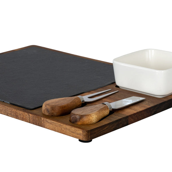 Acacia Cheese Board Set With White Bowl, Slate and Cutlery - Canwell Interiors Limited - Hills