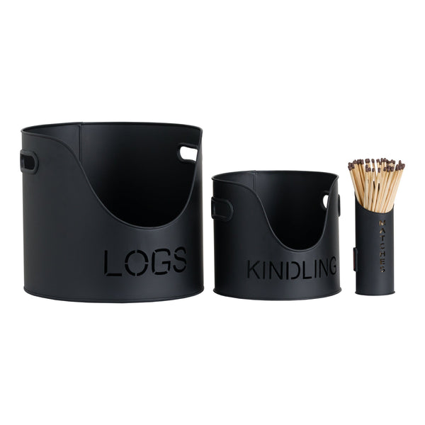 Black Finish Logs and Kindling Buckets & Matchstick Holder - Canwell Interiors Limited - Hills