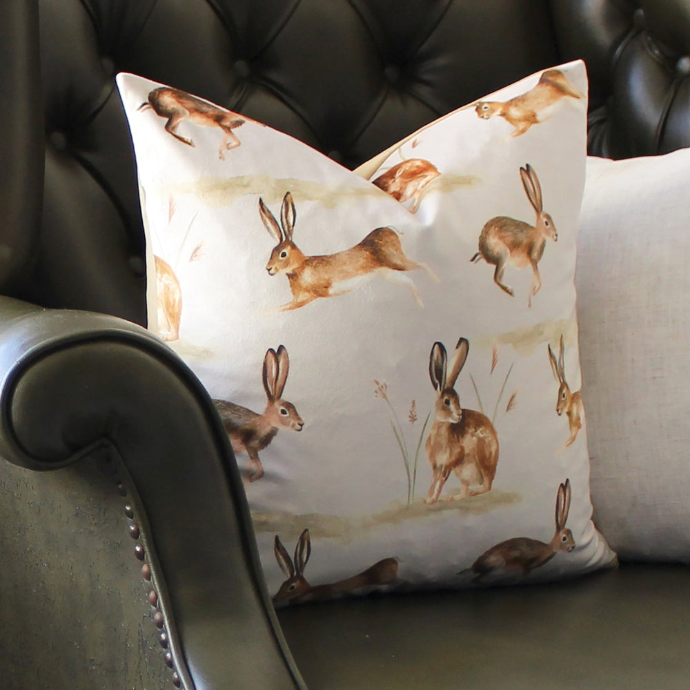 Country Running Hares 43x43 Feather Filled Cushion Taupe - Canwell Interiors Limited - Riva