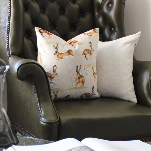 Country Running Hares 43x43 Feather Filled Cushion Taupe - Canwell Interiors Limited - Riva
