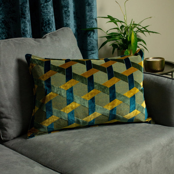 Delano 40x60 Feather Filled Cushion Teal & Gold - Canwell Interiors Limited - Riva