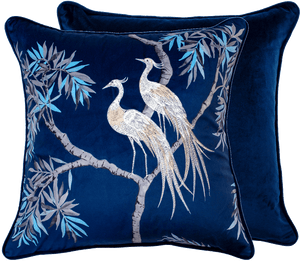 Embroidered Nightingales on Blue Velvet 45x45 - Canwell Interiors Limited - Malini