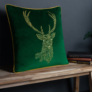 Forest Fauna Stag 50x50 Feather Filled Cushion Emerald & Gold - Canwell Interiors Limited - Riva