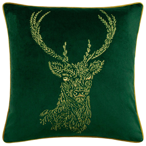 Forest Fauna Stag 50x50 Feather Filled Cushion Emerald & Gold - Canwell Interiors Limited - Riva