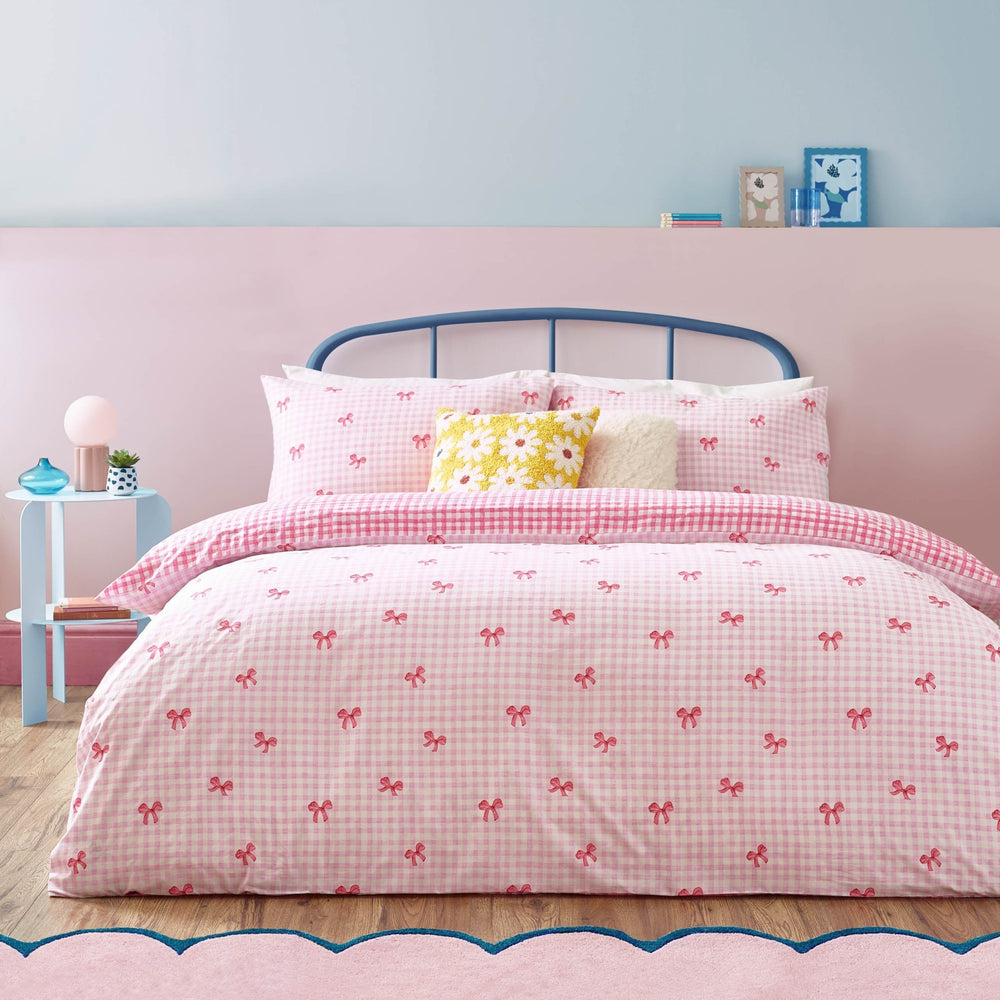 Gingham Bows Single Duvet Set Pink - Canwell Interiors Limited - Riva