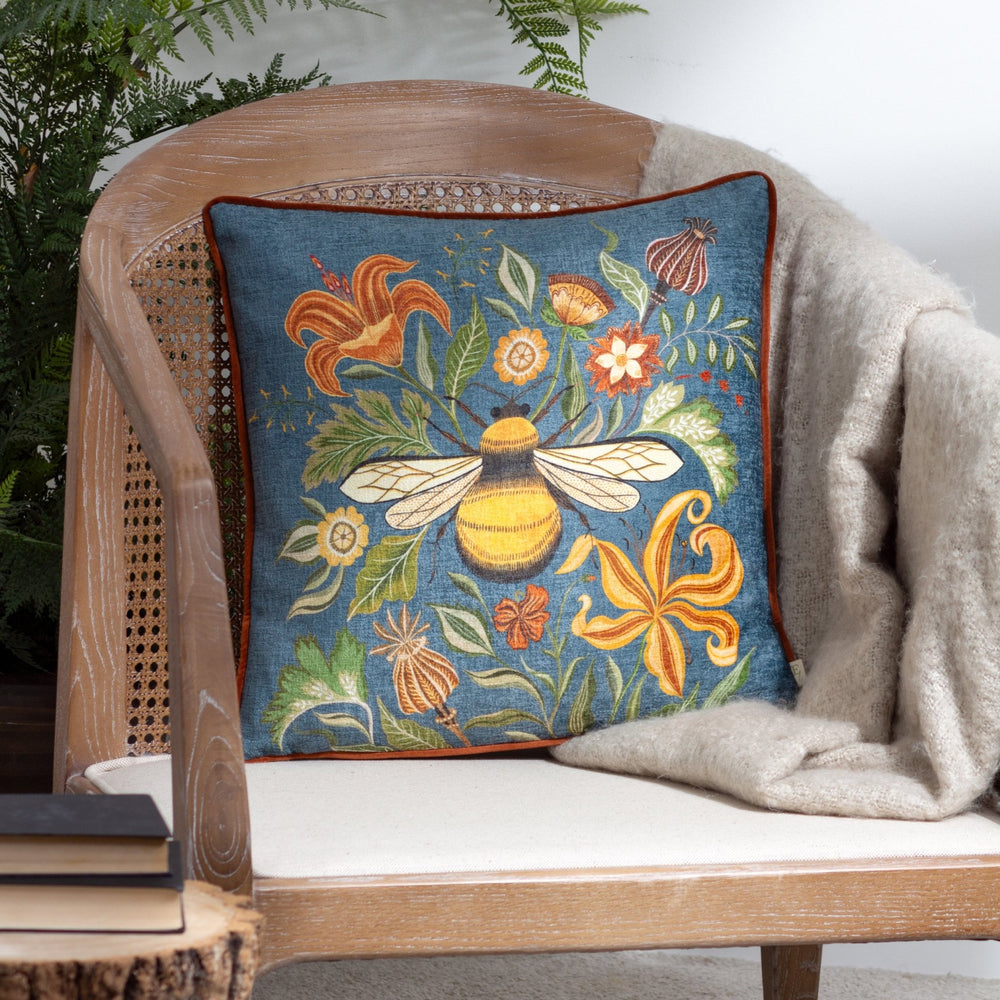 Hawthorn Bee 43x43 Feather Filled Cushion Petrol - Canwell Interiors Limited - Riva
